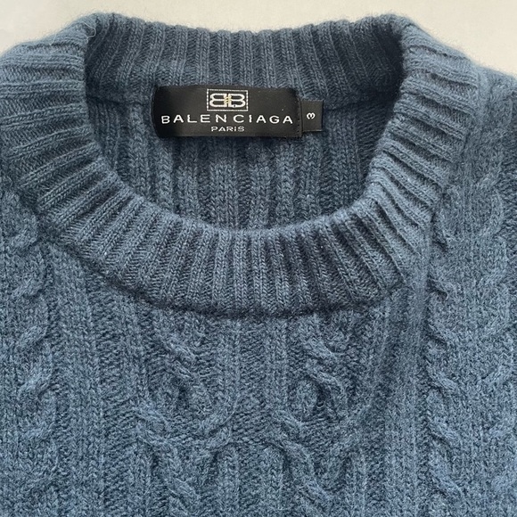 Balenciaga Vintage Women's Lambswool Blue Cable Knit Crewneck Sweater - Picture 2 of 5